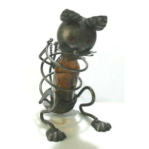 Metal Wire Cat Shaped Wine Bottle Holder Bar Decor Kitchen  Novelty Red Eyes EUC